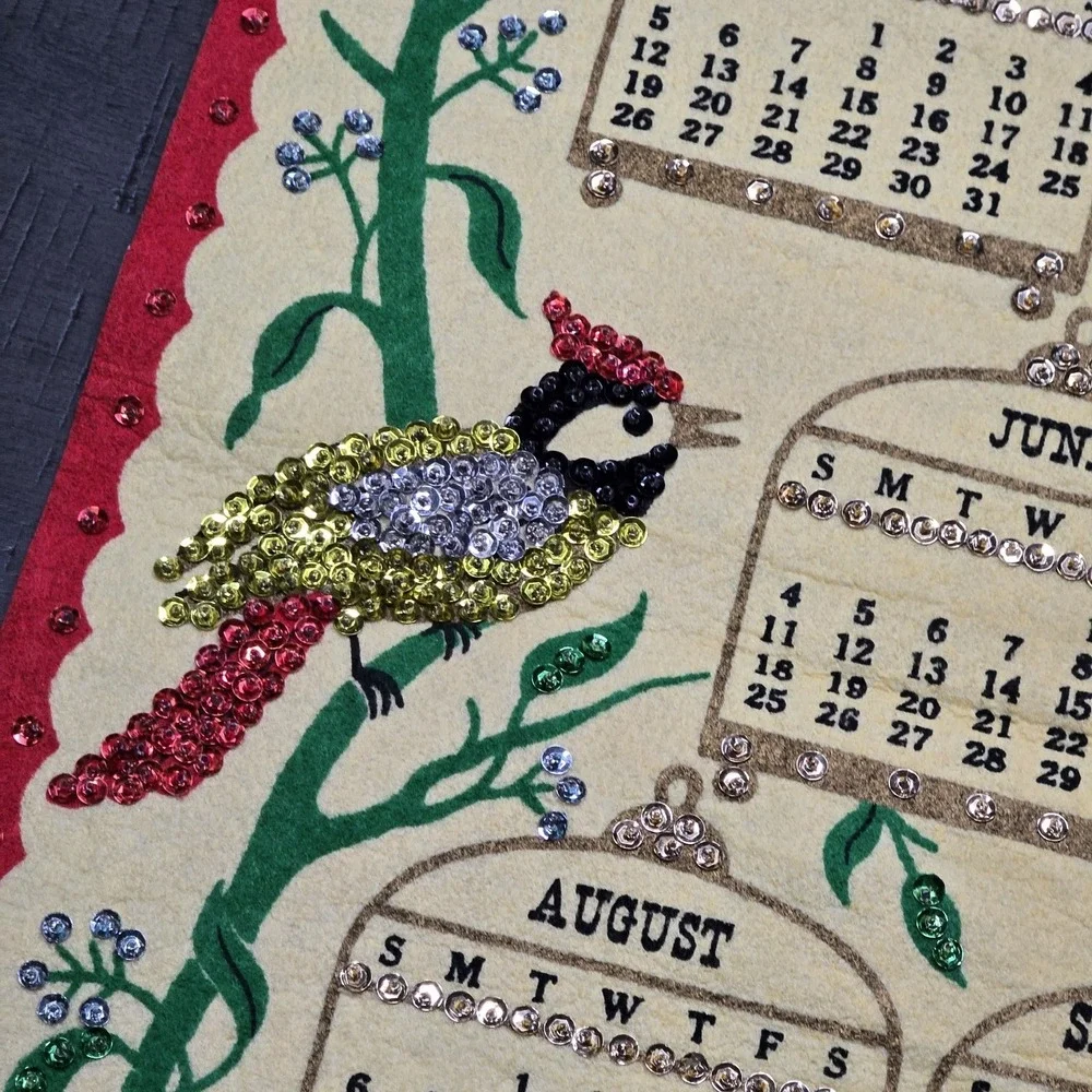 Vintage 1972 Felt Wall Calendar with Sequins, Bird Design